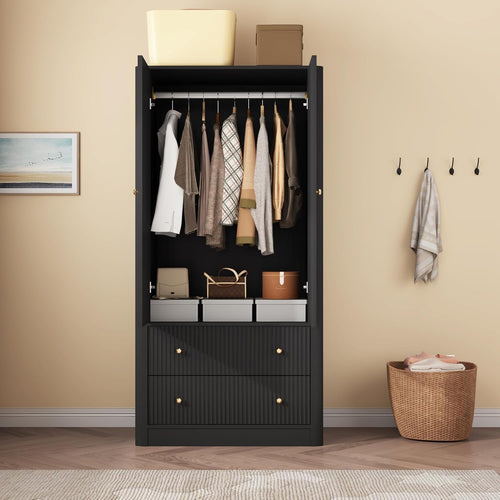 SKU: 168BK - 66”x30” Black Wooden Wardrobe Closet Cabinet with Hanging Rod