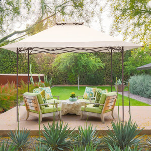SKU: OV-FA004 - 13’ x 13’ Vented Steel Frame Pop-Up Canopy With Central Lock and Mosquito Net - Beige