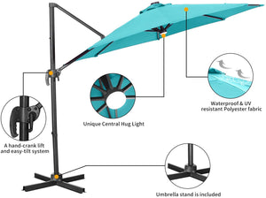 SKU: OB-OTU012 - 10 FT Patio Cantilever Umbrella with Solar Powered LED Lights and 360° Rotation