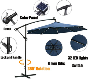 SKU: OB-OTU002 - 10FT Patio Cantilever Umbrella with Solar Powered LED Lights