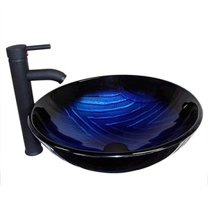 SKU: WL-GVS008 - Round Ocean Ripple Blue Glass Vessel Sink with Faucet and Pop-Up Drain Combo