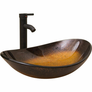 SKU: WL-GVS005 - Oval Brown Tempered Glass Sink Vessel Combo with Oil Rubbed Bronze Faucet and Pop Up Drain
